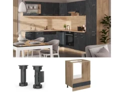 Vicco Herdumbauschrank R-Line Schwarz Beton/Goldkraft Eiche 60 cm ohne Arbeitsplatte< Pfannen|Einbauküchen