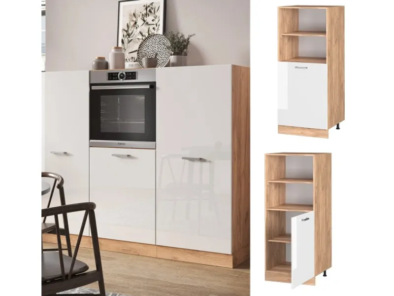 Sale Vicco Herdumbauschrank R-Line Herdschrank Hochglanz/Goldkraft Eiche 60 cm Weiß