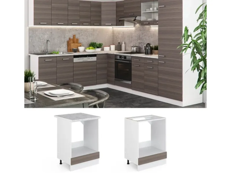 Vicco Herdumbauschrank R-Line Herdschrank Grau/Weiß 60 cm AP Marmor< Herde