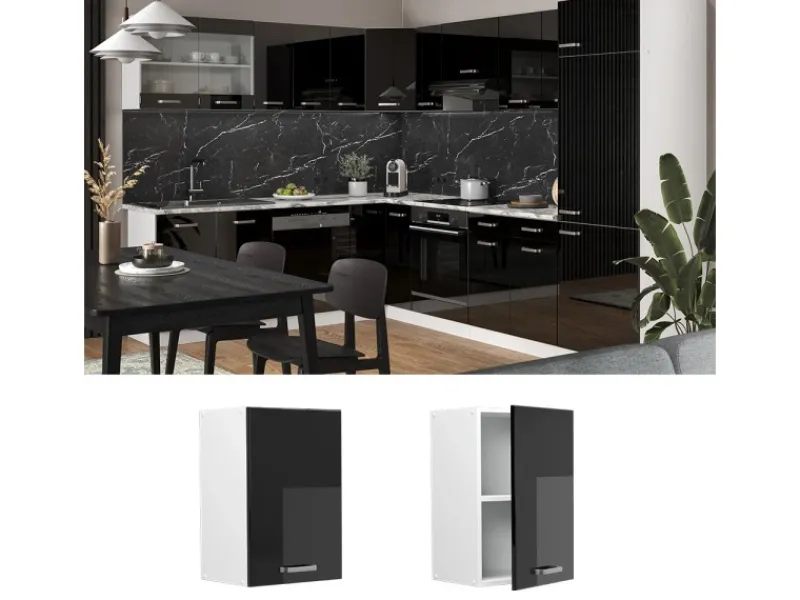 Outlet Vicco Hängeschrank R-Line Hängender Küchenschrank Schwarz Hochglanz/Weiß 40 cm Schwarz Glänzend