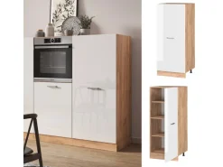 Outlet Vicco Hochschrank R-Line Küchenkommode Hochglanz/Goldkraft Eiche 60 cm Weiß