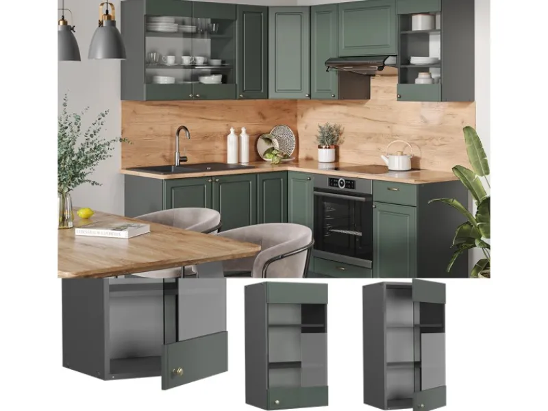 Küchenschränke<Vicco Küchenglasschrank Fame-Line Glashängeschrank Grün-Gold Landhaus/Anthrazit 40 cm