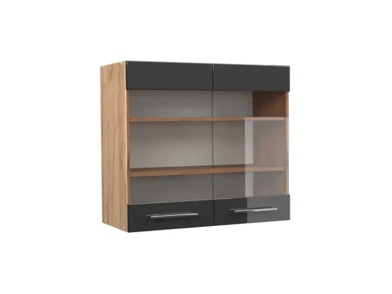 Küchenschränke<Vicco Küchenglasschrank Fame-Line Hochglanz/Goldkraft Eiche 80 cm