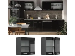 New Vicco Küchenglasschrank R-Line Glashängeschrank Schwarz Hochglanz 60 cm Schwarz Glänzend