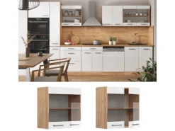 Outlet Vicco Küchenglasschrank R-Line Glashängeschrank Hochglanz/Goldkraft Eiche 60 cm Weiß