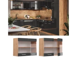 Discount Vicco Küchenglasschrank R-Line Hochglanz/Goldkraft Eiche 80 cm Anthrazit