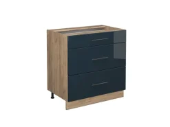 Discount Vicco Küchenunterschrank Fame-Line Hochglanz/Goldkraft Eiche 80 cm mit 3 Schubladen ohne Arbeitsplatte Dunkelblau