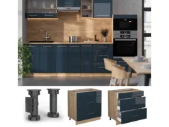 Discount Vicco Küchenunterschrank Fame-Line Hochglanz/Goldkraft Eiche 80 cm mit 3 Schubladen ohne Arbeitsplatte Dunkelblau