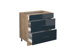 Discount Vicco Küchenunterschrank Fame-Line Hochglanz/Goldkraft Eiche 80 cm mit 3 Schubladen ohne Arbeitsplatte Dunkelblau