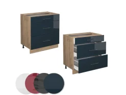 Discount Vicco Küchenunterschrank Fame-Line Hochglanz/Goldkraft Eiche 80 cm mit 3 Schubladen ohne Arbeitsplatte Dunkelblau
