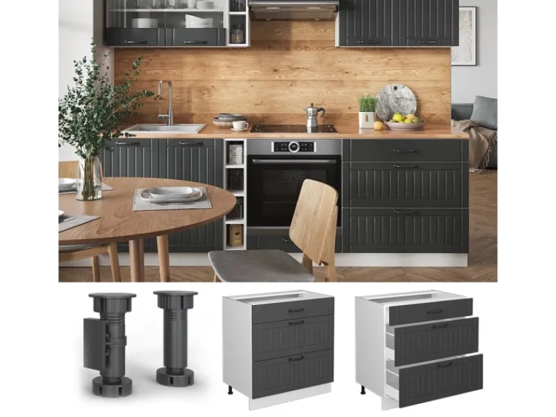 Vicco Küchenunterschrank Fame-Line Anthrazit Landhaus/Weiß 80 cm mit 3 Schubladen AP Eiche< Küchenschränke