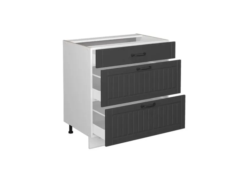 Vicco Küchenunterschrank Fame-Line Anthrazit Landhaus/Weiß 80 cm mit 3 Schubladen AP Eiche< Küchenschränke