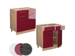 Vicco Küchenunterschrank Fame-Line Bordeaux Hochglanz/Goldkraft Eiche 80 cm AP Eiche< Pantryküchen