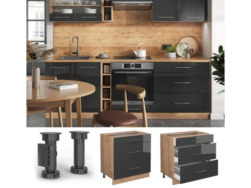 Vicco Küchenunterschrank Fame-Line Hochglanz/Goldkraft Eiche 80 cm mit 3 Schubladen AP Eiche Anthrazit