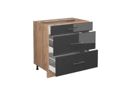 Vicco Küchenunterschrank Fame-Line Hochglanz/Goldkraft Eiche 80 cm mit 3 Schubladen AP Eiche Anthrazit