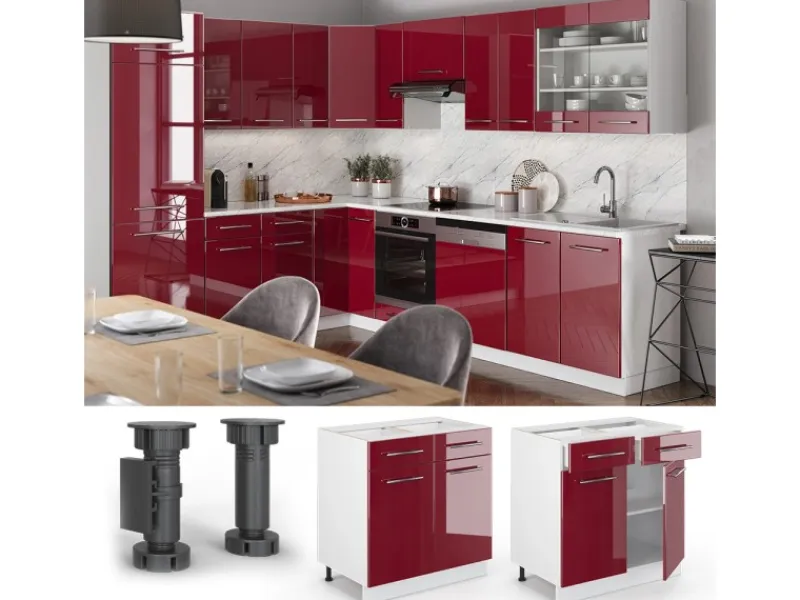 Sale Vicco Küchenunterschrank Fame-Line Bordeaux Hochglanz/Weiß 80 cm AP Marmor Bordeaux-Glanz