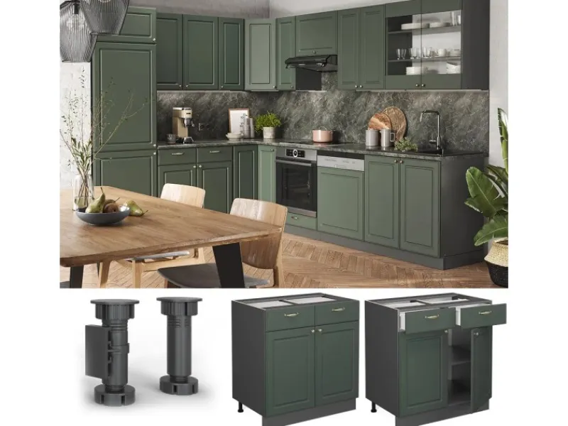 Hot Vicco Küchenunterschrank Fame-Line Grün-Gold Landhaus/Anthrazit 80 cm ohne Arbeitsplatte Dunkelgrün