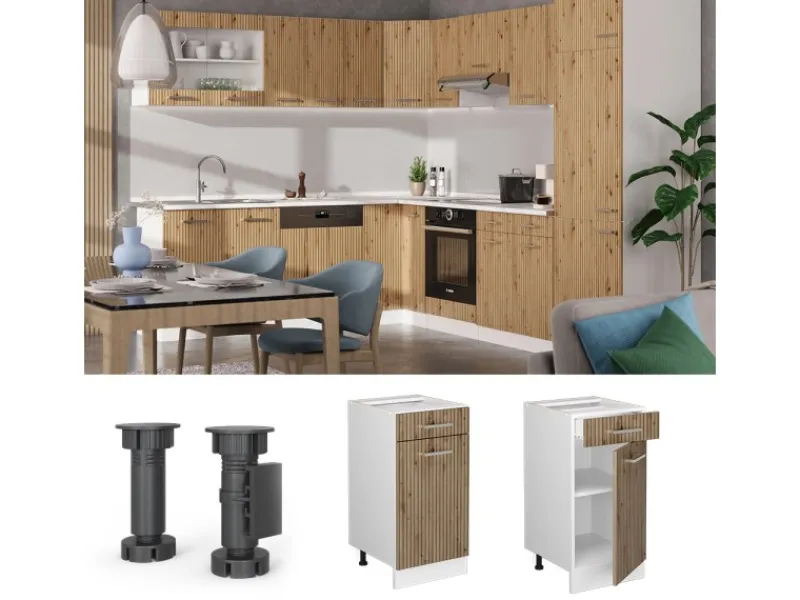 Vicco Küchenunterschrank R-Line Schubladenschrank für die Küche Artisan-Eiche/Weiß 40 cm AP Marmor< Pfannen