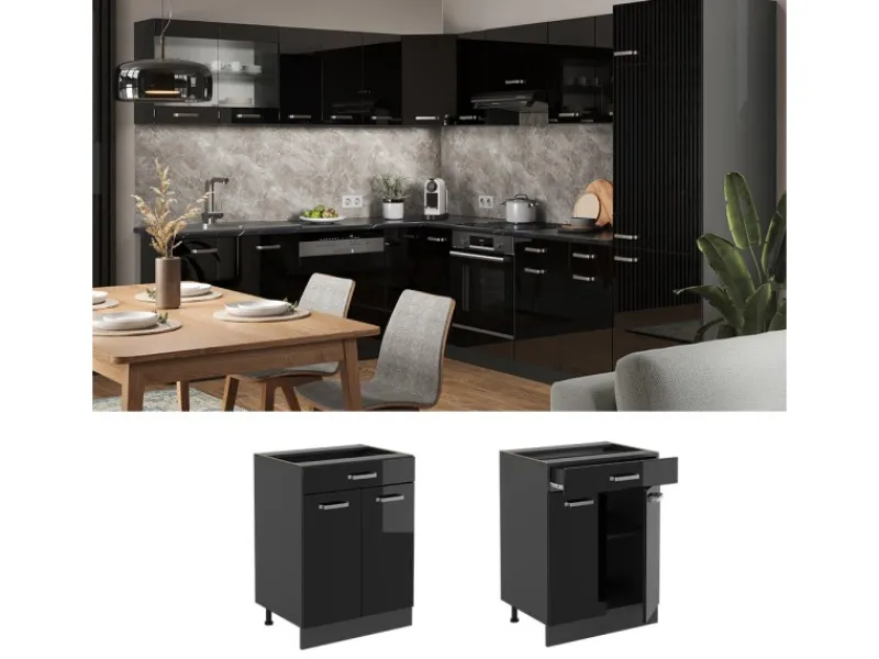 Hot Vicco Küchenunterschrank R-Line Schwarz Hochglanz 60 cm mit Schublade ohne Arbeitsplatte mit Anthrazit Korpus Schwarz Glänzend