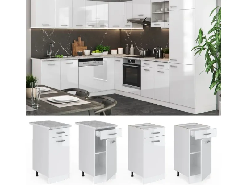 Pfannen<Vicco Küchenunterschrank R-Line Schubladenschrank für die Küche Hochglanz/ 40 cm AP Marmor