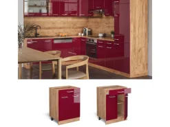 Pfannen<Vicco Küchenunterschrank R-Line Bordeaux Hochglanz/Goldkraft Eiche 60 cm mit Schublade ohne Arbeitsplatte