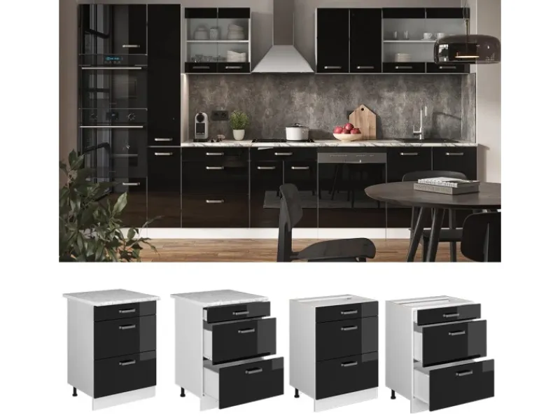 Hot Vicco Küchenunterschrank R-Line Schwarz Hochglanz/Weiß 60 cm mit Schubladen ohne Arbeitsplatte Schwarz Glänzend
