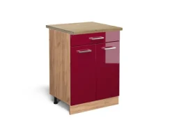 Best Vicco Küchenunterschrank R-Line Bordeaux Hochglanz/Goldkraft Eiche 60 cm mit Schublade AP Eiche Bordeaux-Glanz