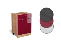 Best Vicco Küchenunterschrank R-Line Bordeaux Hochglanz/Goldkraft Eiche 60 cm mit Schublade AP Eiche Bordeaux-Glanz