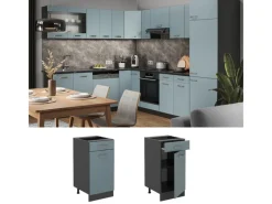 Vicco Küchenunterschrank R-Line Schubladenschrank für die Küche Blau-Grau/Anthrazit 40 cm AP Eiche< Pfannen