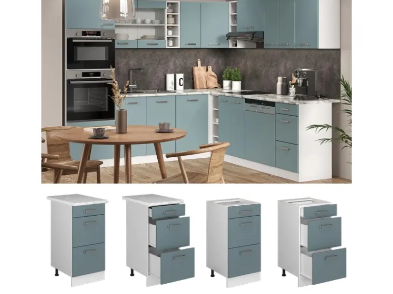 Single-Küchen|Küchenschränke<Vicco Küchenunterschrank R-Line Blau-Grau/Weiß 40 cm mit Schubladen ohne Arbeitsplatte