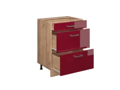 Pantryküchen<Vicco Küchenunterschrank R-Line Bordeaux Hochglanz/Goldkraft Eiche 60 cm mit Schubladen ohne Arbeitsplatte