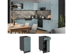 Vicco Küchenunterschrank R-Line Schubladenschrank für die Küche Blau-Grau/Anthrazit 40 cm AP Marmor< Pfannen