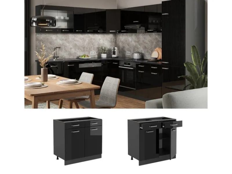 Vicco Küchenunterschrank R-Line Schwarz Hochglanz/Anthrazit 80 cm ohne Arbeitsplatte< Küchenschränke