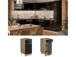 Küchenschränke<Vicco Küchenunterschrank R-Line Schwarz Hochglanz/Goldkraft Eiche 40 cm AP Eiche