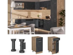 Vicco Küchenunterschrank R-Line Schubladenschrank für die Küche Schwarz Beton 40 cm AP Marmor mit Goldkraft Eiche Korpus< Pfannen