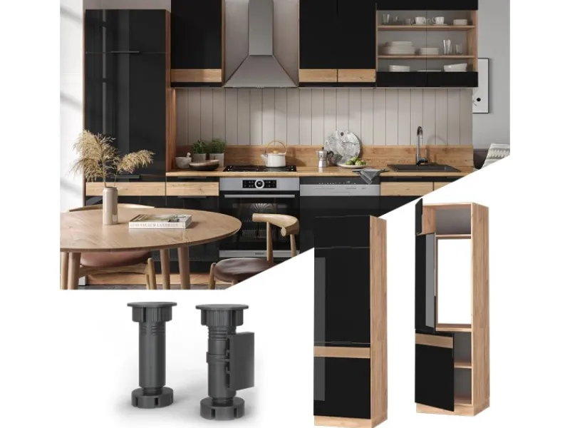 Vicco Kühlumbauschrank Fame-Line Schwarz-Eiche Hochglanz/Goldkraft Eiche 60 cm< Kühlschränke