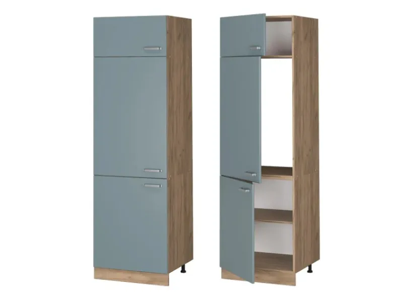 Vicco Kühlumbauschrank R-Line Hochschrank für die Küche Blau-Grau/Goldkraft Eiche 60 cm< Küchenschränke