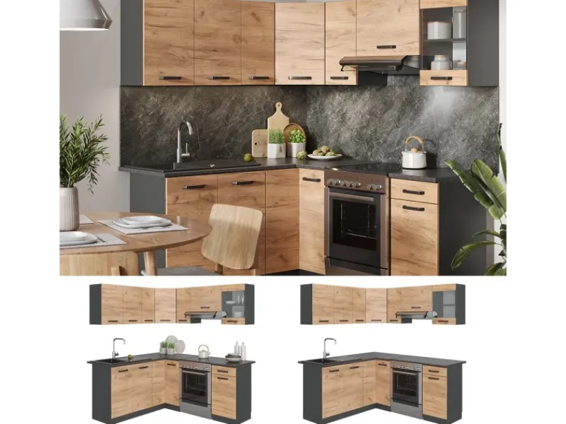 Winkelküchen|Einbauküchen<Vicco Rick Eckküche Anthrazit/Goldkraft Eiche 187 x 167 cm AP SchwarzRick ohne E-Geräte
