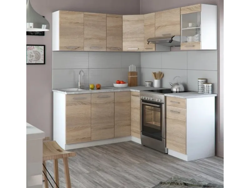 Vicco Rick Eckküche Weiß/Sonoma 187 x 167 cm AP MarmorRick ohne E-Geräte Sonoma-Weiß