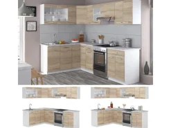 Best Vicco Rick Eckküche Weiß/Sonoma 247 x 167 cm AP Marmor mit LED-LeistenRick ohne E-Geräte