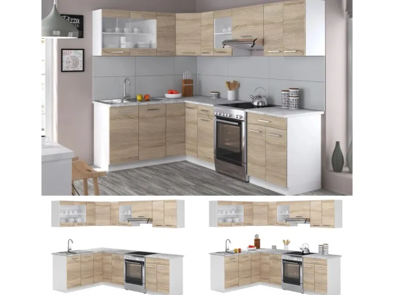 Best Vicco Rick Eckküche Weiß/Sonoma 247 x 167 cm AP Marmor mit LED-LeistenRick ohne E-Geräte