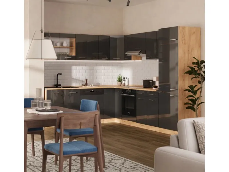 Winkelküchen<Vicco R-Line Eckküche /Goldkraft Eiche 227 x 287 cm AP Marmor ohne E-Geräte