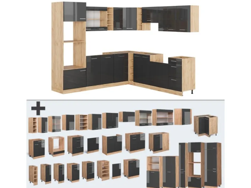 New Vicco R-Line Eckküche /Goldkraft Eiche 237 x 247 cm AP Anthrazit ohne E-Geräte Anthrazit Hochglanz