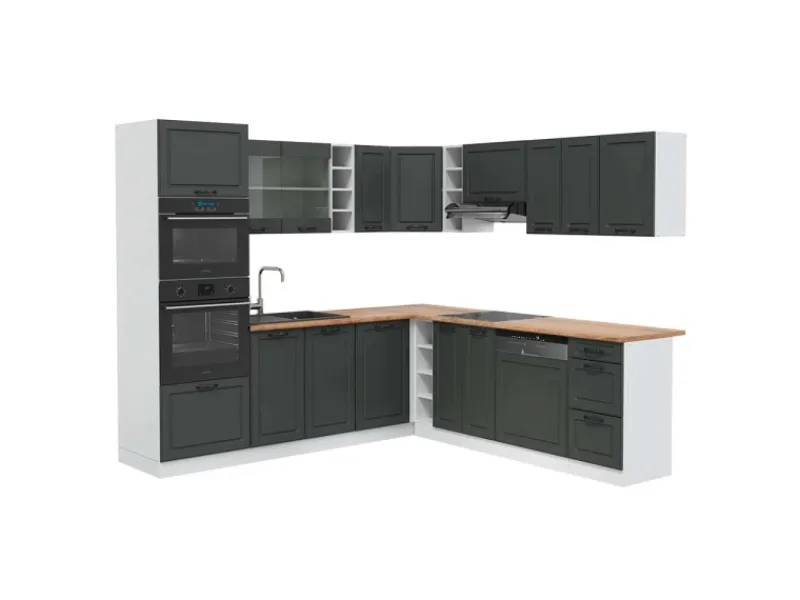 Outlet Vicco R-Line Eckküche Anthrazit Landhaus/Weiß 237 x 247 cm AP Eiche ohne E-Geräte Anthrazit Struktur