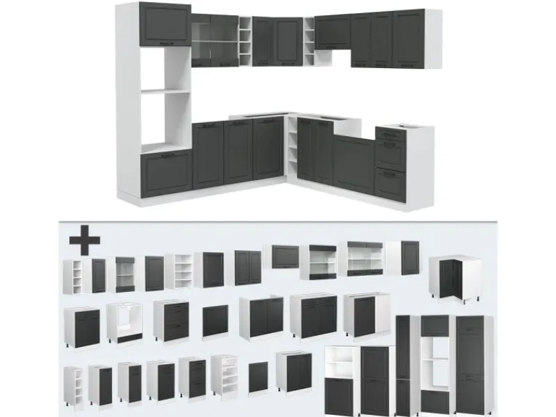 Winkelküchen<Vicco R-Line Eckküche Anthrazit Landhaus/Weiß 237 x 60 cm AP Marmor ohne E-Geräte