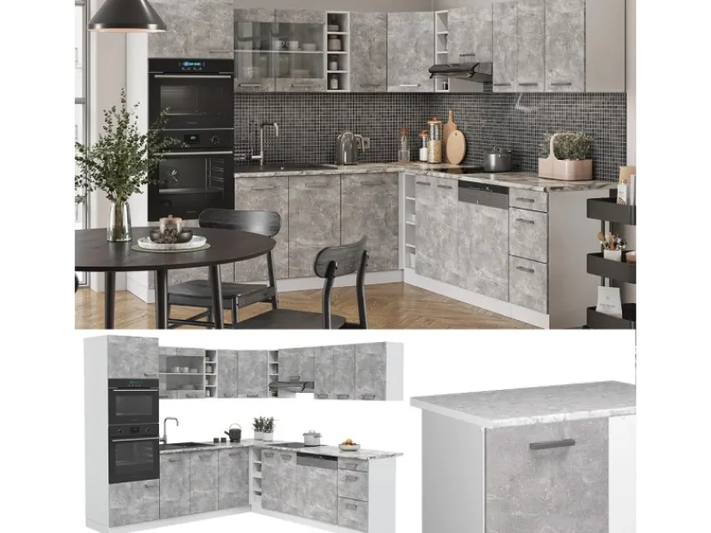 Winkelküchen|Kücheninseln<Vicco R-Line Eckküche Beton/Weiß 237 x 247 cm AP Anthrazit ohne E-Geräte