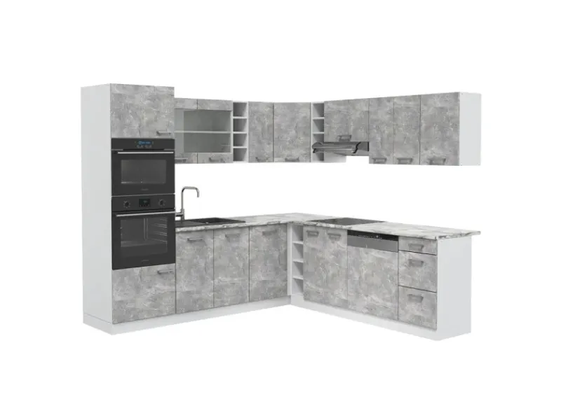 Hot Vicco R-Line Eckküche Beton/Weiß 237 x 60 cm AP Marmor ohne E-Geräte Betongrau