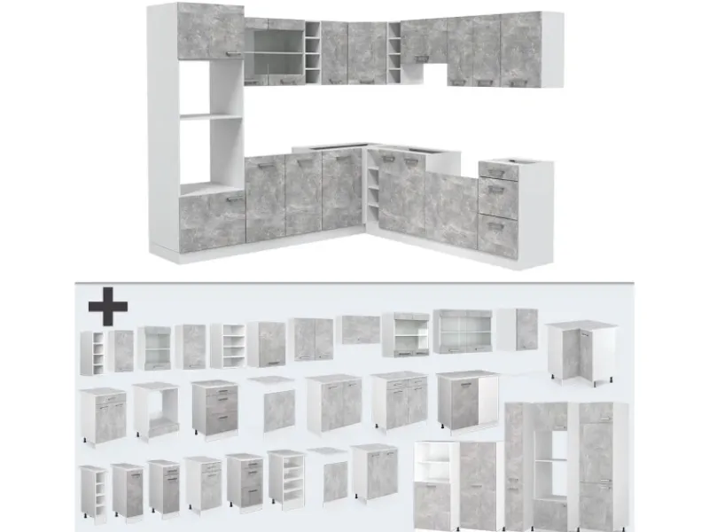 Hot Vicco R-Line Eckküche Beton/Weiß 237 x 60 cm AP Marmor ohne E-Geräte Betongrau