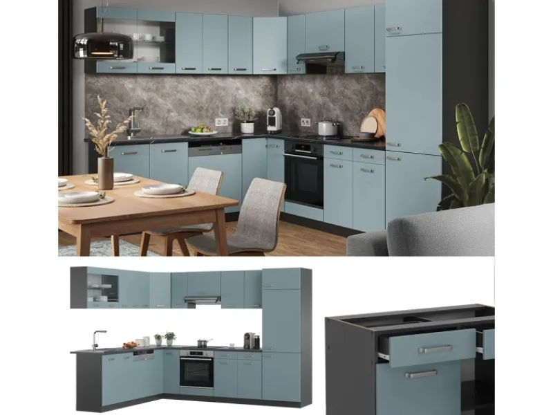 Vicco R-Line Eckküche Blau-Grau/Anthrazit 227 x 287 cm AP Eiche ohne E-Geräte< Küchenschränke