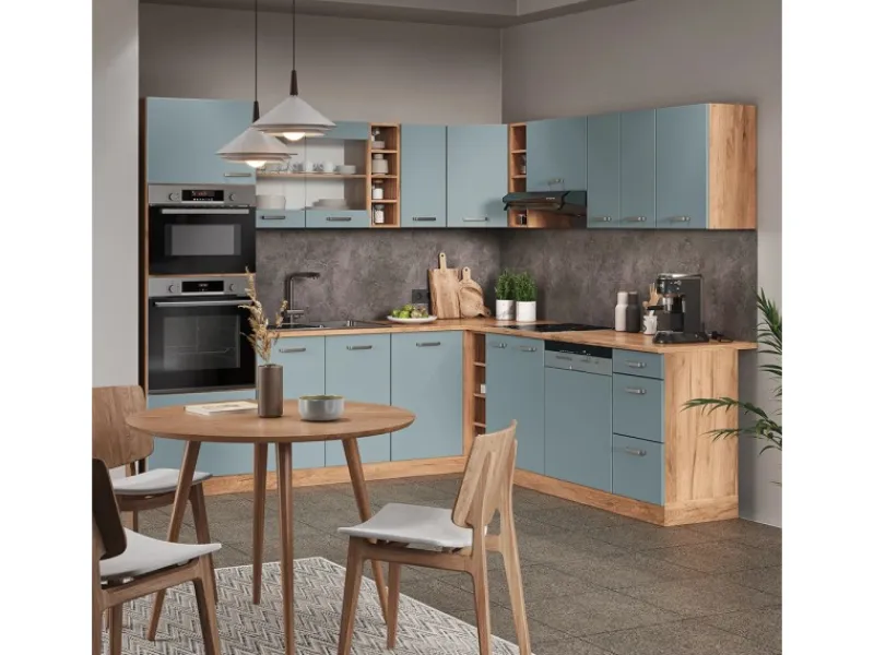 Vicco R-Line Eckküche Blau-Grau/Goldkraft Eiche 237 x 247 cm AP Anthrazit ohne E-Geräte< Winkelküchen|Küchenrückwände